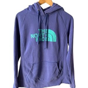 The North Face Purple Teal Logo Pullover Hoodie Womens Medium Raglan Fleece